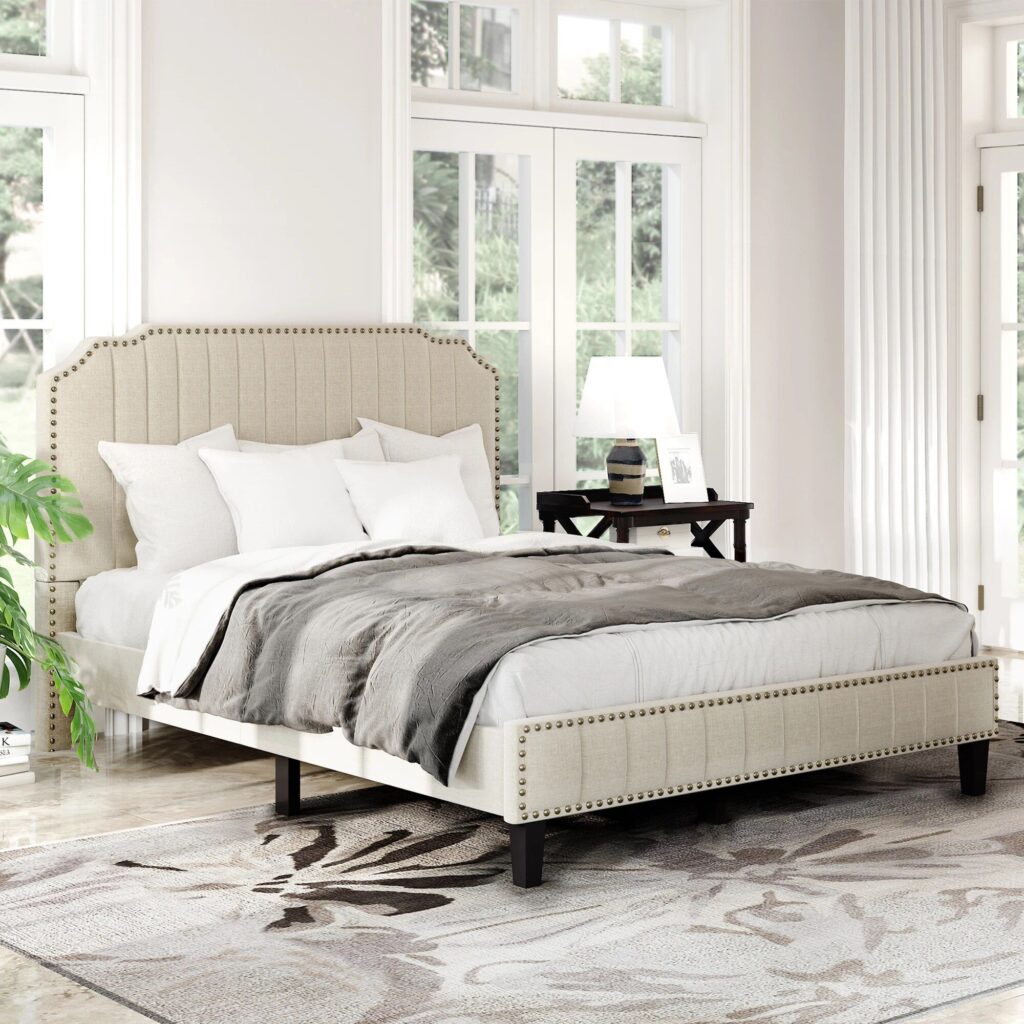 queen linen upholstered bed